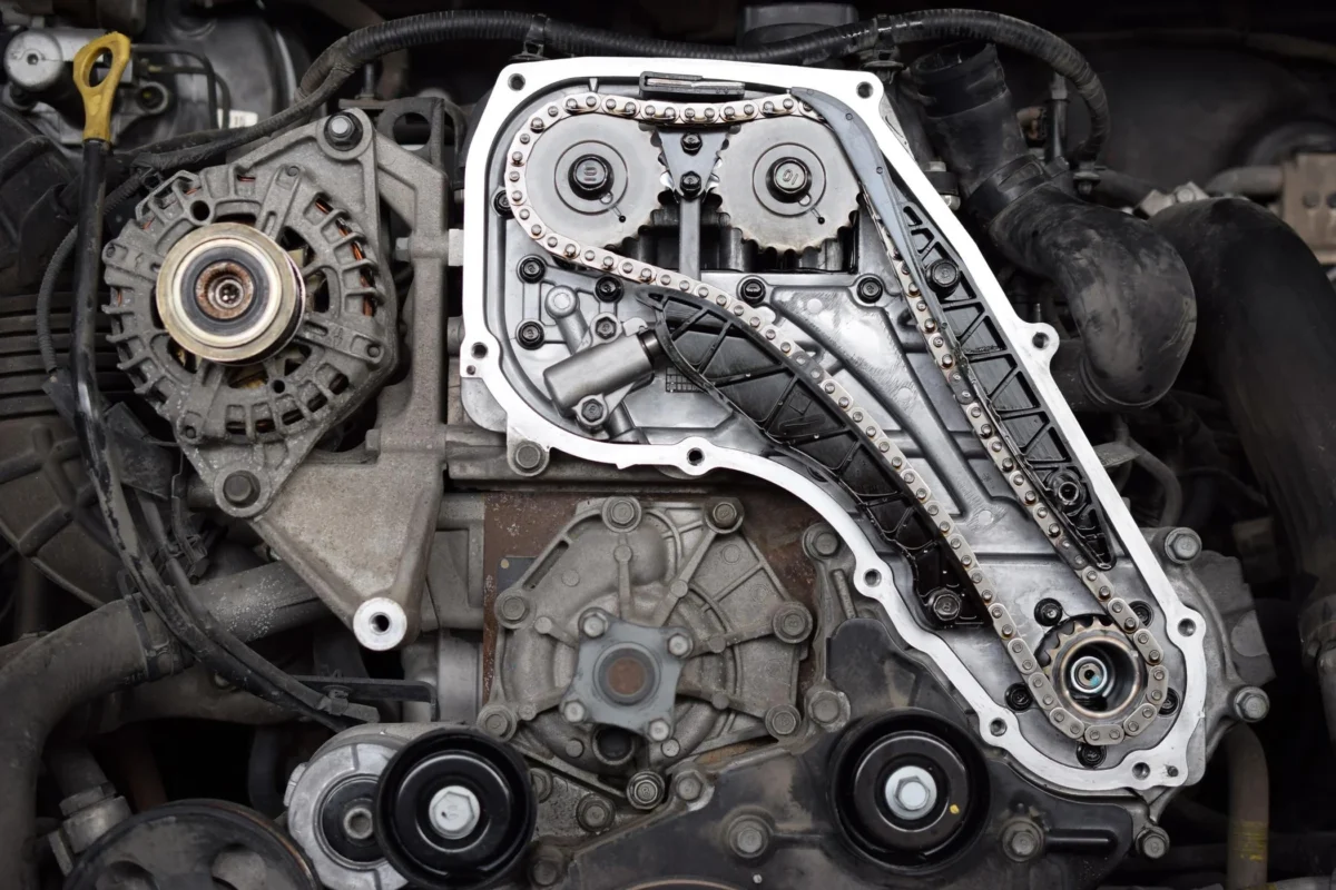 Automotive timing chain around camshaft sprockets and guides