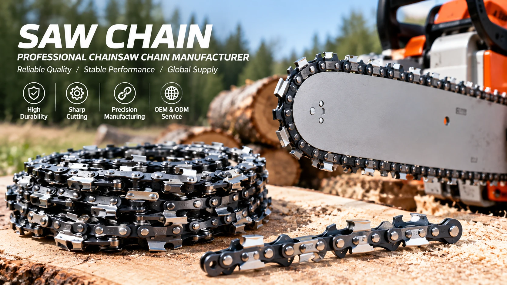 Chainsaw chain cutters, guide bar and coiled saw chain