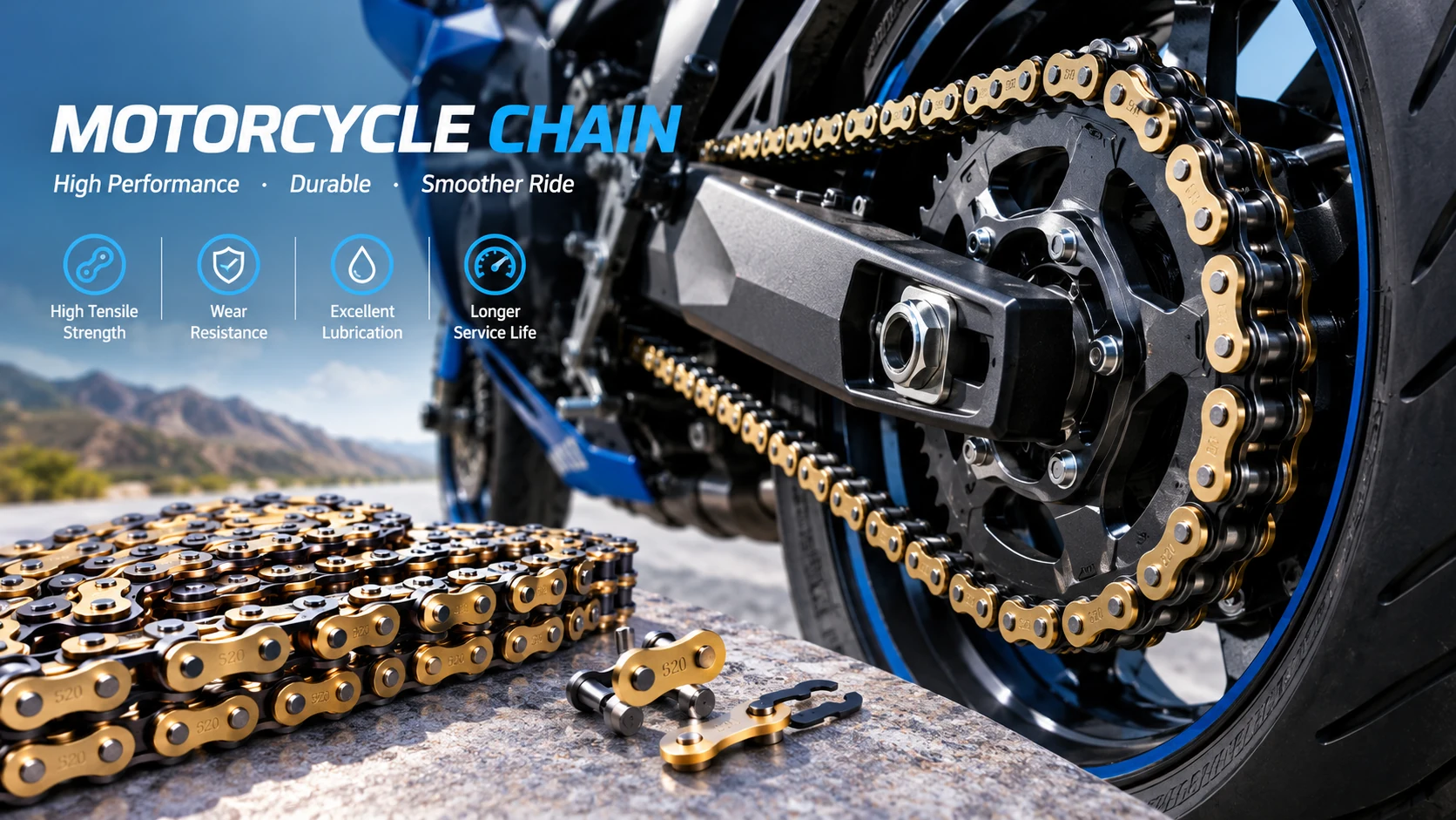 Motorcycle chain and rear sprocket with chain links shown in close-up